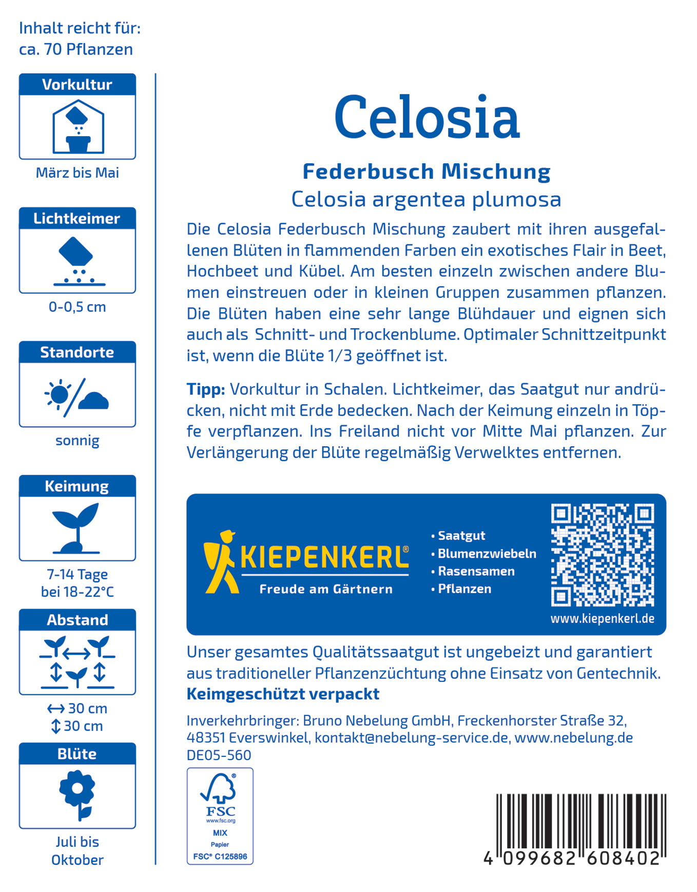 Packungsaufdruck mit Pflanzinformationen, Anbauhinweisen und QR-Code für Celosia Federbusch Mischung
