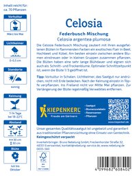Packungsaufdruck mit Pflanzinformationen, Anbauhinweisen und QR-Code für Celosia Federbusch Mischung