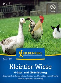 Vogel, Hase und Katze auf grünem Gras mit Kiepenkerl Kleintier-Wiese Verpackung.