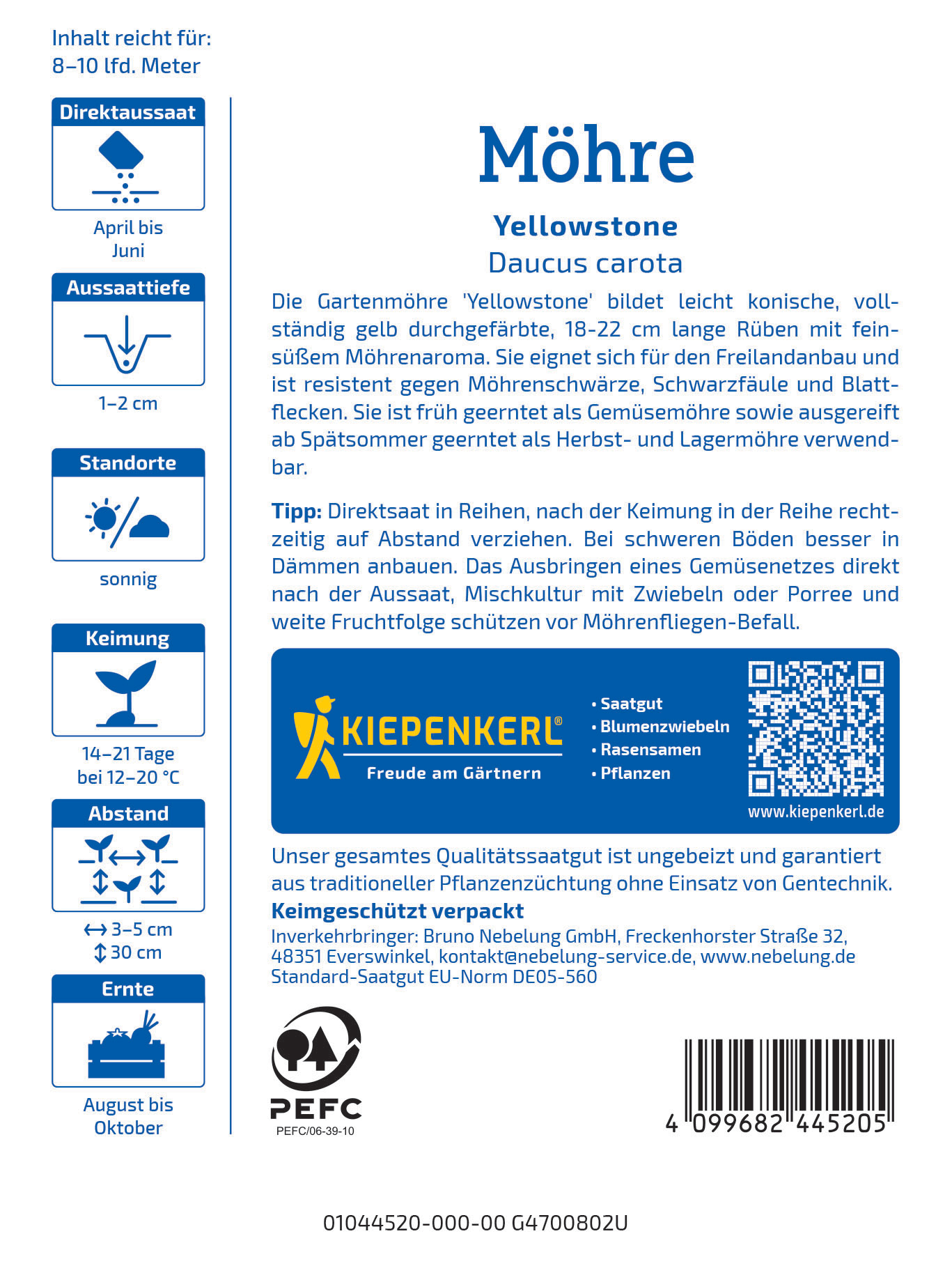Etikett mit Text und QR-Code, enthält Informationen zu Möhrensorten, Anbau, Aussaat, Pflege und Hersteller.
