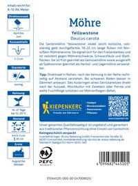 Etikett mit Text und QR-Code, enthält Informationen zu Möhrensorten, Anbau, Aussaat, Pflege und Hersteller.