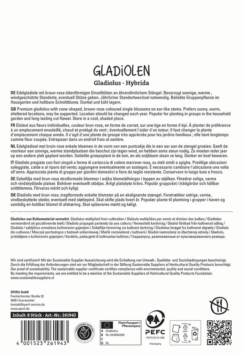 Gladiolen, braun-rosafarbene Blüten, an hoher Stängel, mit Text auf der Rückseite in mehreren Sprachen.