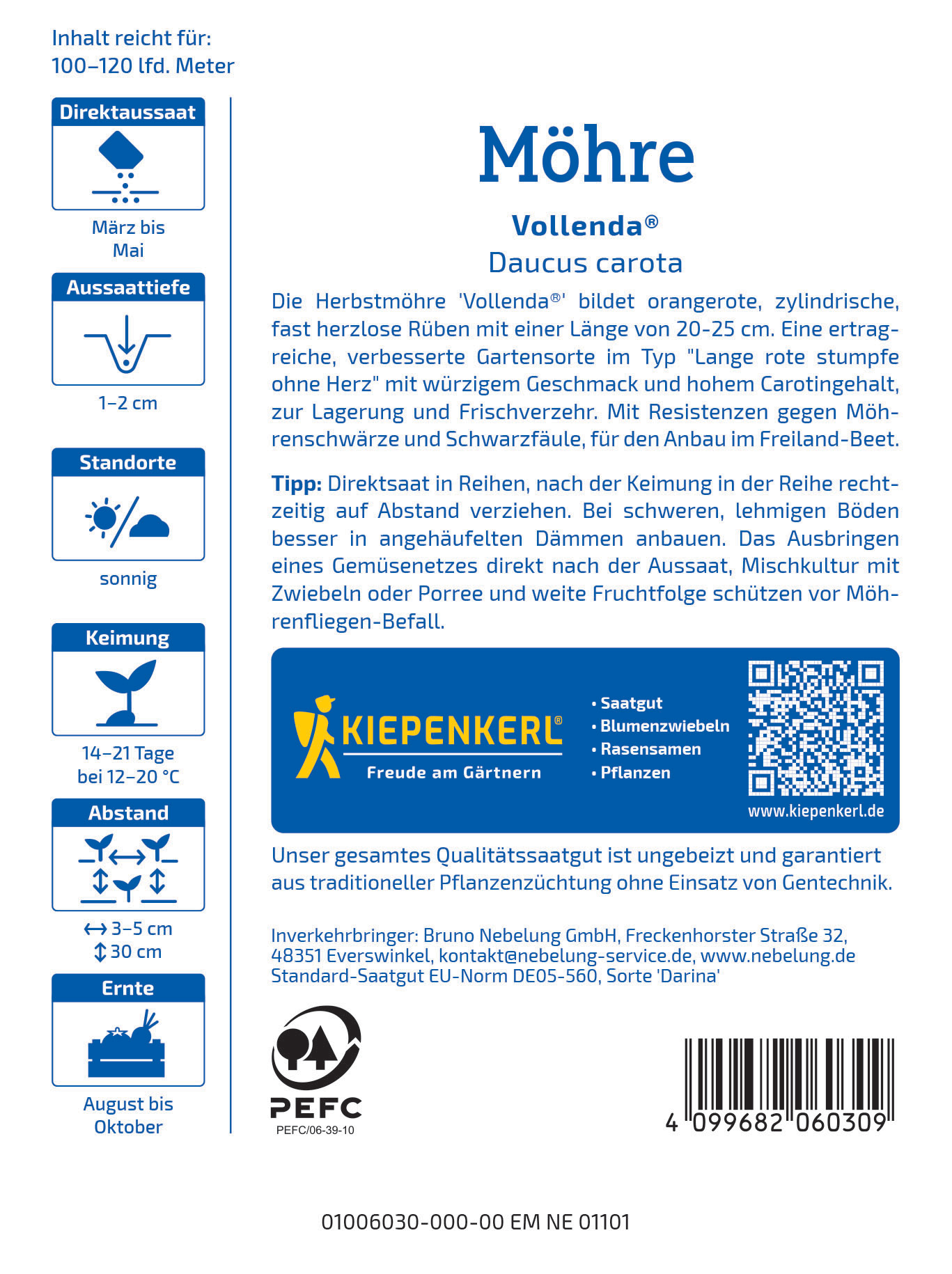Blatt mit Text, blauer Kiepenkerl-Logo, QR-Code, Barcode, Symbole für Sonnenwetter, Abstand, Ernte, Pflanze und PEFC-Logo.
