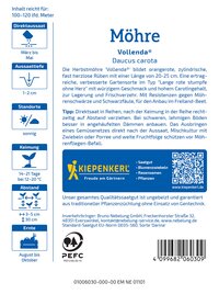 Blatt mit Text, blauer Kiepenkerl-Logo, QR-Code, Barcode, Symbole für Sonnenwetter, Abstand, Ernte, Pflanze und PEFC-Logo.