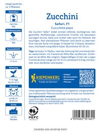 Informationstext mit Details zu Zucchini-Sorte, Anbau, Pflege, Herkunft und Kontaktdaten, inklusive QR-Code und Barcode.