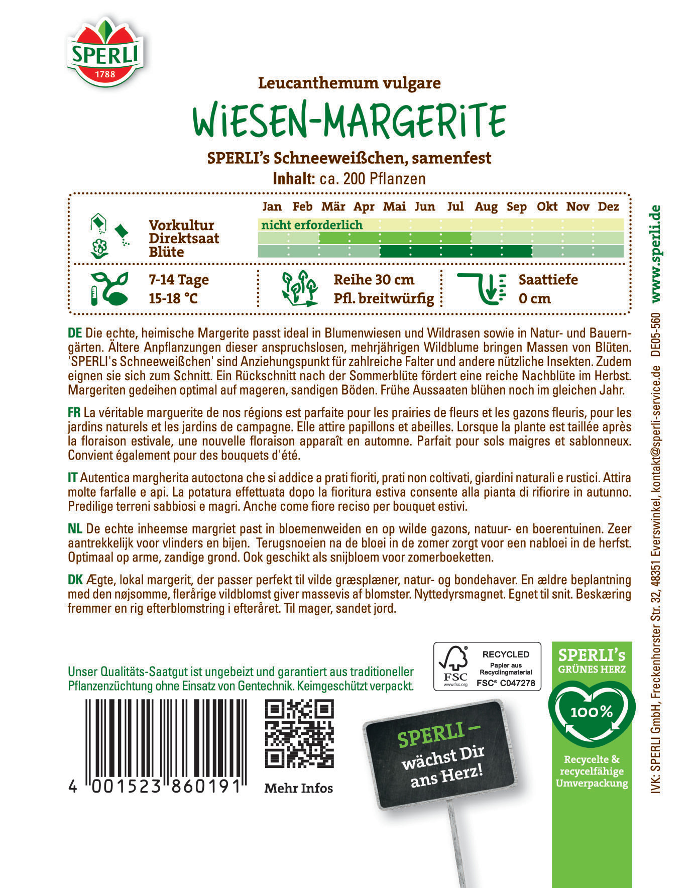 Infotafel mit Beschreibung, Anbauhinweisen, Pflanzeninformationen, Logo, Barcodes und QR-Code auf Hintergrund.