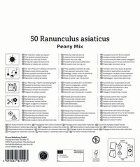 Packung mit 50 Ranunculus asiaticus Peony Mix Blumen, Beschreibung in mehreren Sprachen, Symbolik für Versand, Herstellerinformationen.