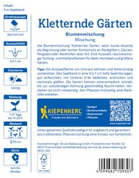 Pflegehinweis für Kletternde Gärten Blumensamen, sonnig, 7-21 Tage Keimdauer, 30 cm Abstand, Juni bis Oktober, FSC zertifiziert.
