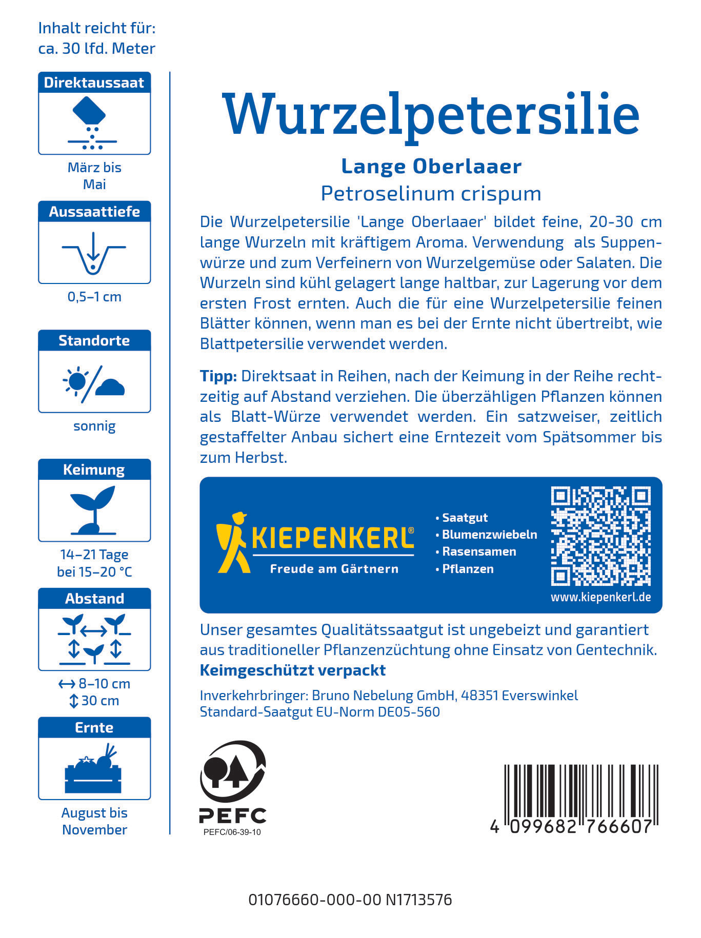 Verpackungsrückseite mit Produktinformationen, Tipps, Logo und QR-Code in Blau und Weiß.