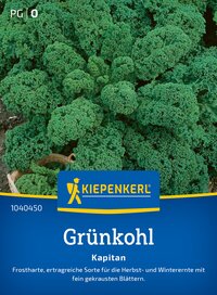 Grünkohl mit gekrausten Blättern auf dem Boden, Verpackungslabel mit Logo und Produktbeschreibung.