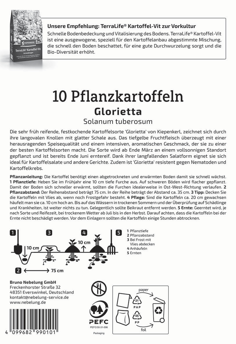 Anleitung und Diagramm mit Informationen zur Pflanzung von 10 Glorietta Kartoffeln und deren Pflege.
