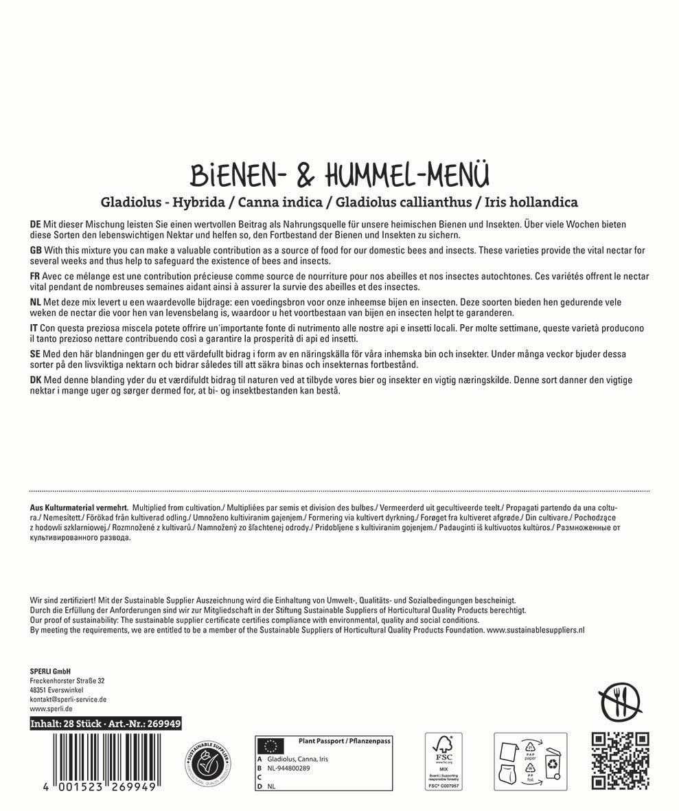 Textplatte mit Beschreibung verschiedener Bienen- und Hummelarten sowie Text in mehreren Sprachen auf weißem Hintergrund.