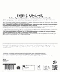 Textplatte mit Beschreibung verschiedener Bienen- und Hummelarten sowie Text in mehreren Sprachen auf weißem Hintergrund.
