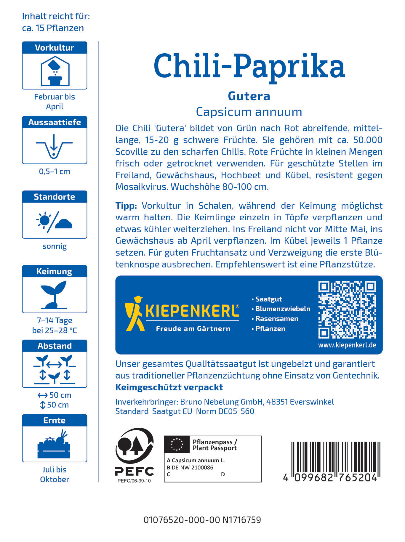 Pflanzensamen für Chili Paprika Gutera, ca. 15 Pflanzen, im Saatgutbeutel, Anzuchtanleitung.