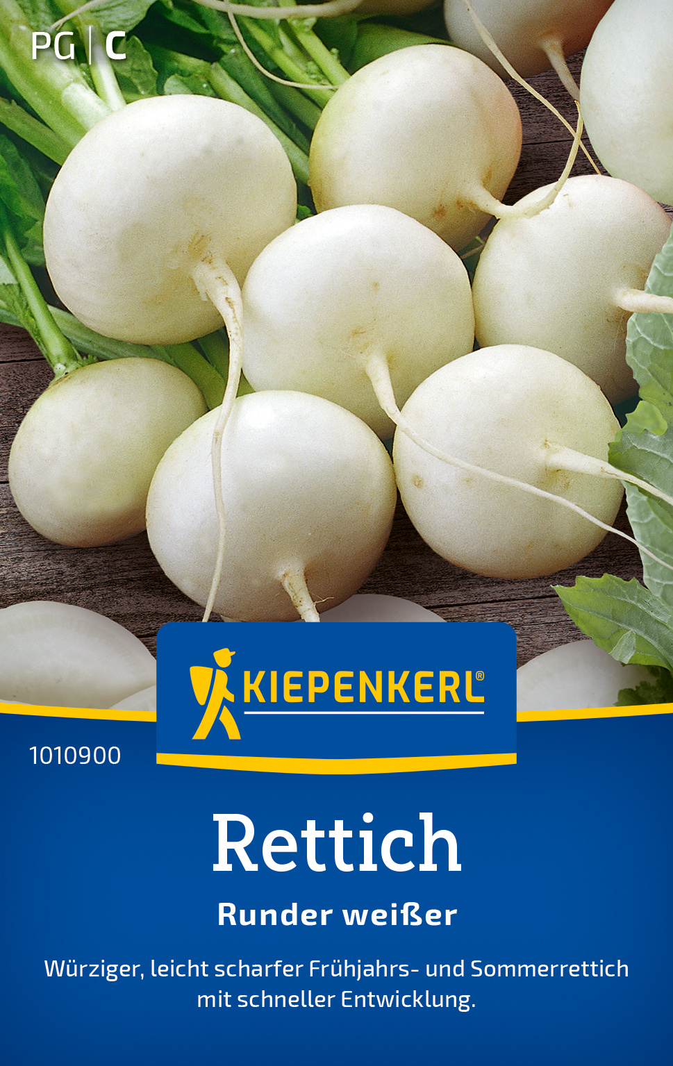 Weiße Rettiche mit grünen Blättern auf Holzuntergrund.