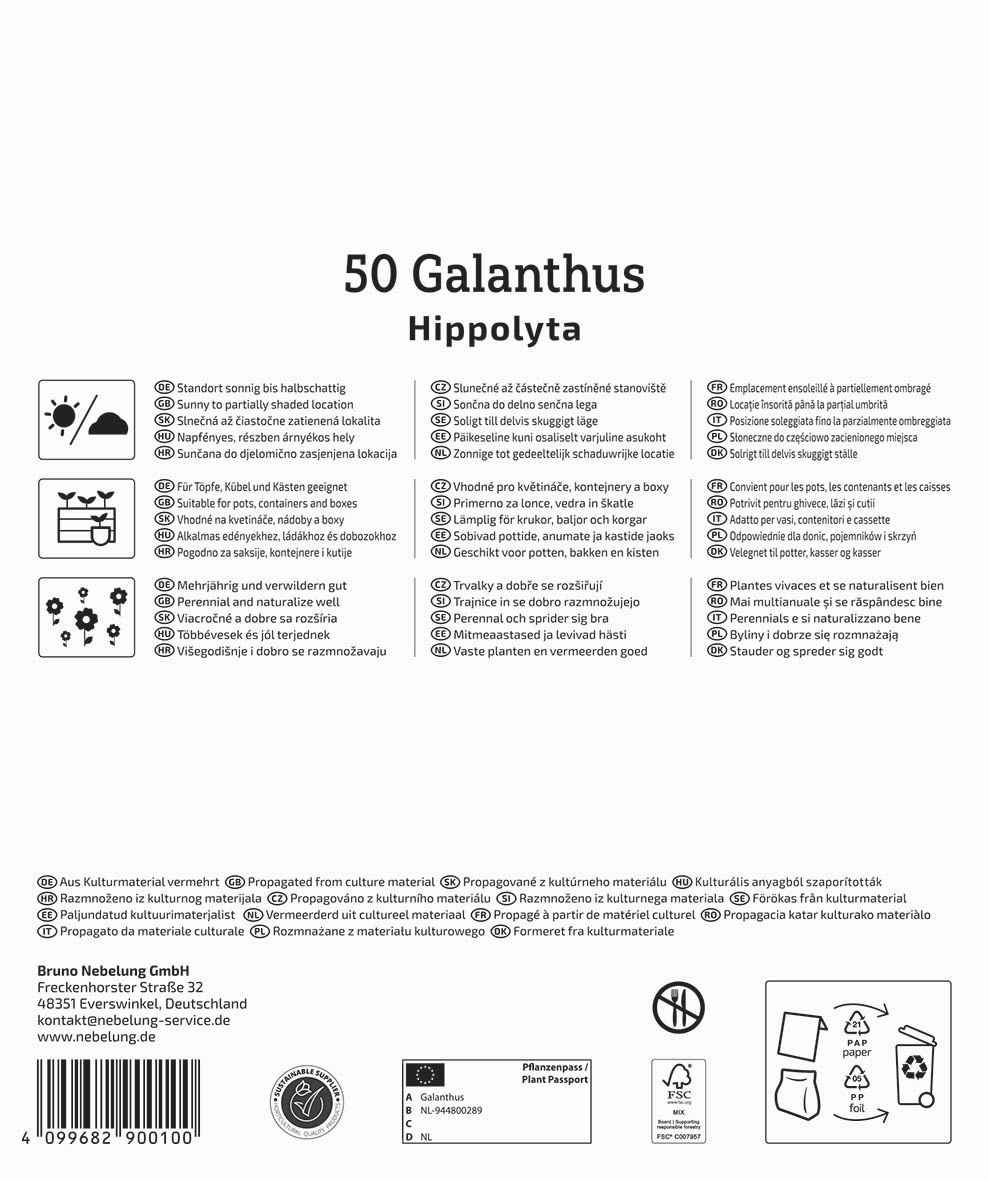 Pflanzenpass mit Informationen zu 50 Galanthus beziehungsweise Hipployta, Symbole und Kontaktadresse.