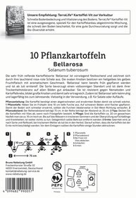 Packungsrückseite mit Text und Symbolen, Anleitung und Illustrationen zur Anzucht von Pflanzkartoffeln.