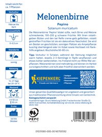 Infoblatt über Melonenbirne, mit Text, Symbolen, QR-Code, Logo, Barcode und Kontaktinformationen.