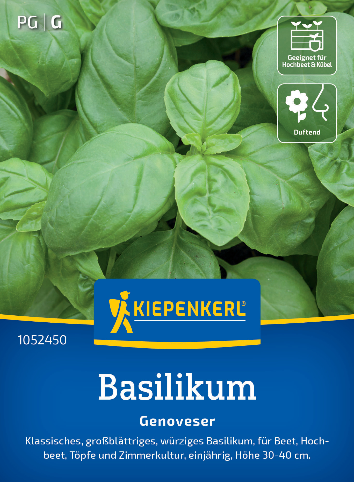 Grüne Basilikumblätter, Verpackung mit Kiepenkerl-Logo, Symbole für Hochbeet geeignet und duftend.