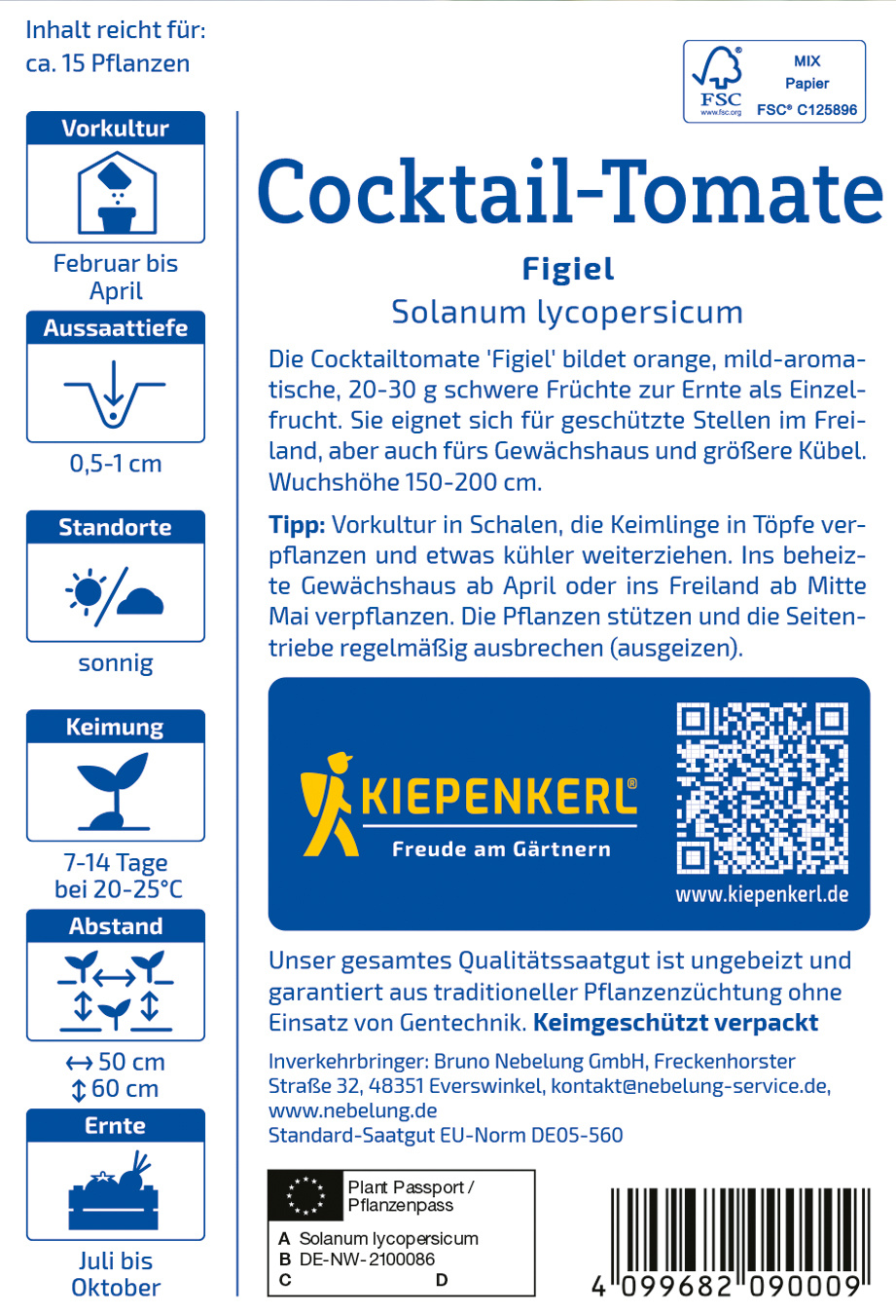 Paket mit Saatgut für Cocktail-Tomate Figiel, Solanum lycopersicum, ca. 15 Pflanzen, inklusive QR-Code.