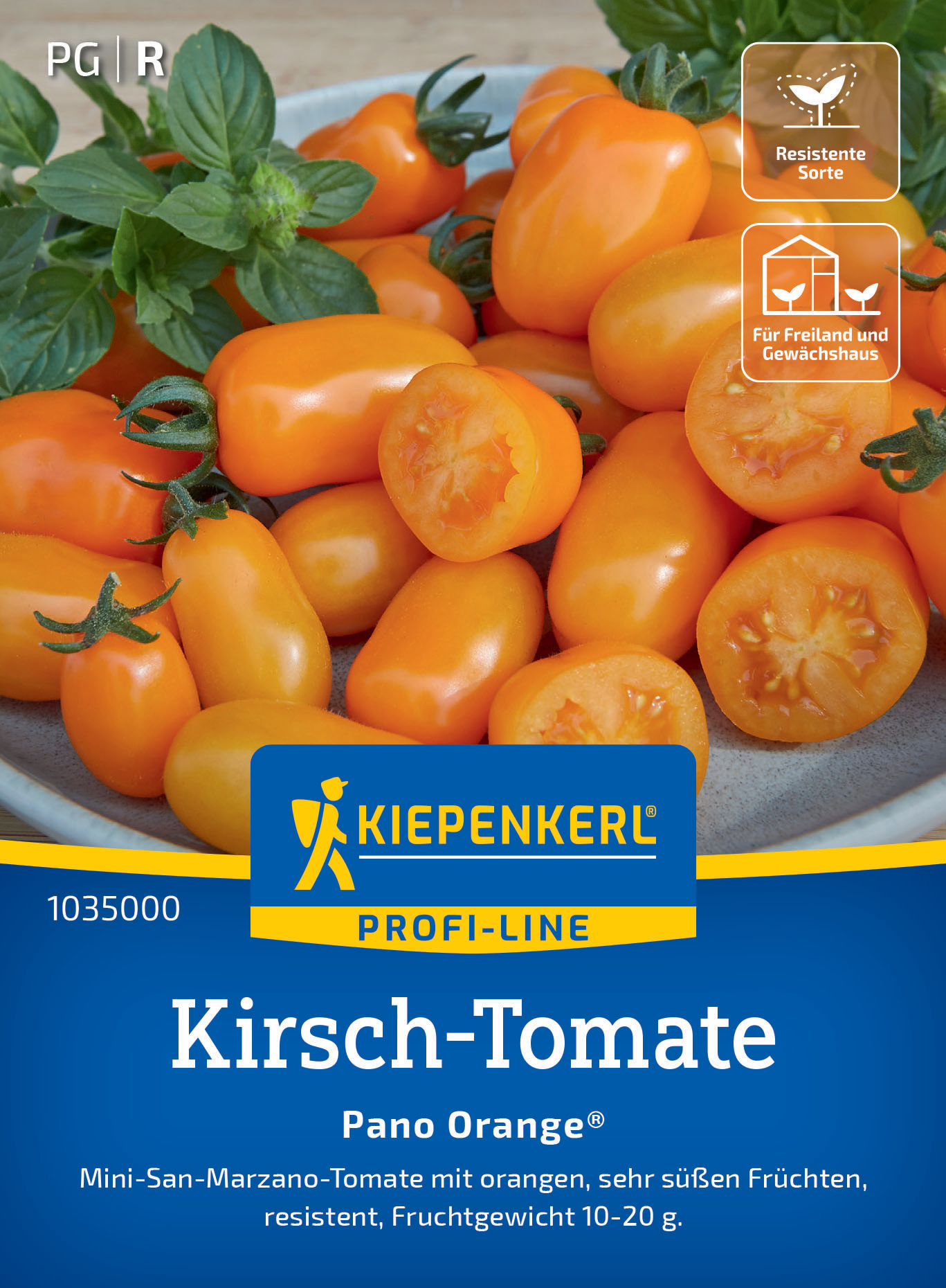 Gelbe Cherrytomaten mit grünen Stielen, eine aufgeschnitten mit sichtbarem Fruchtfleisch, auf hellem Hintergrund.