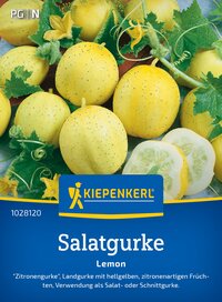 Gelbe Zitronengurken mit grünen Blättern und Blüten, halbiert auf blauer Verpackung.