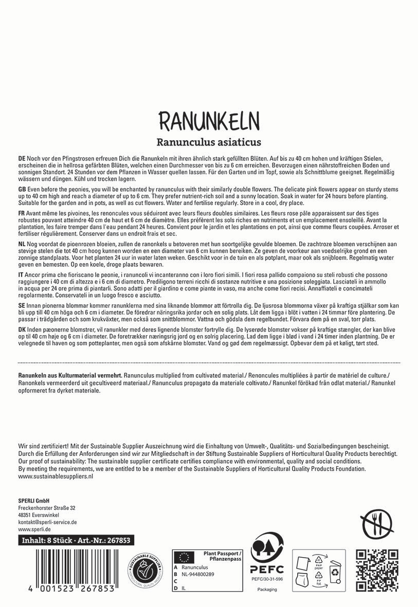 Seite mit Beschreibung und Pflegeanleitung für Ranunkeln in mehreren Sprachen, Logo und Barcode am unteren Rand.