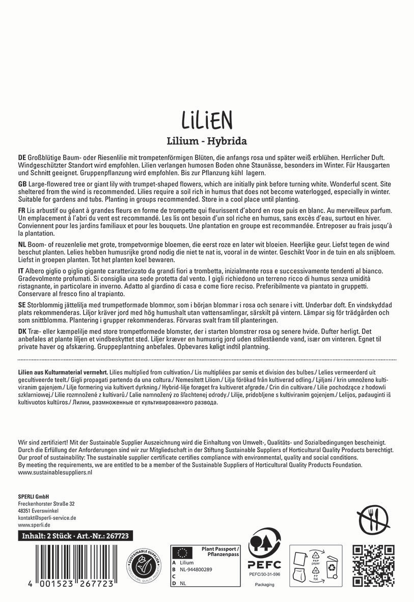 Text auf einer Verpackung mit Informationen zu Lilien, Entwicklung, Pflege und Zertifizierungen.