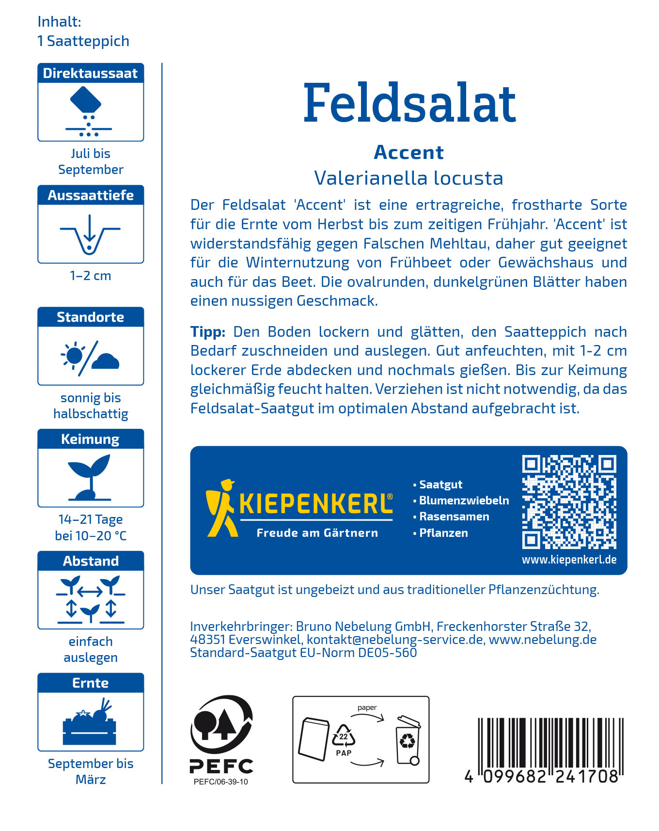 Feldsalatsamen Accent, Saatteppich