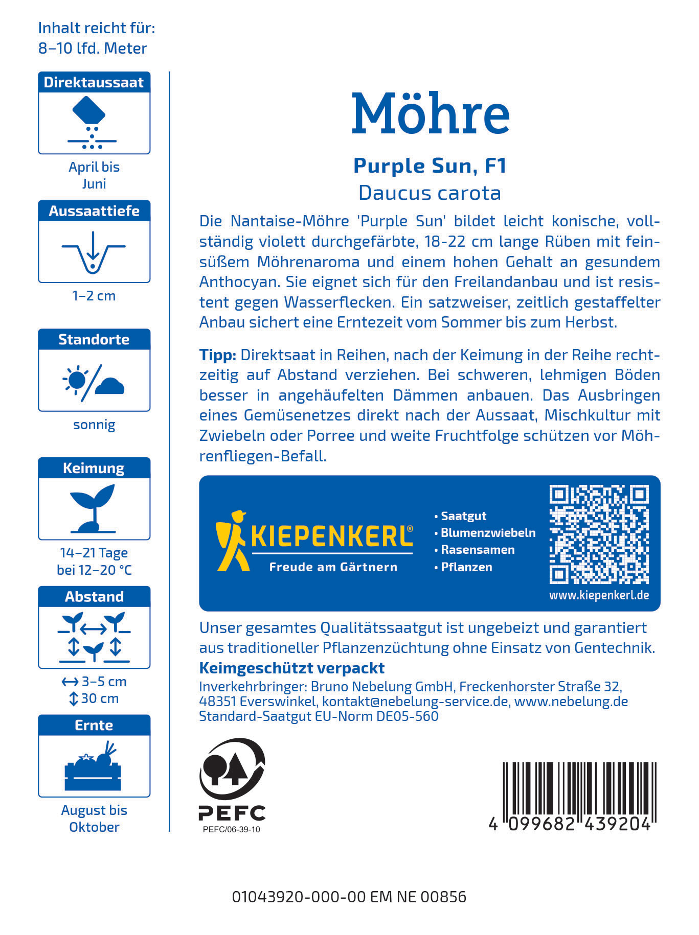 Packungsbeschreibung für eine Sorte Karotte namens Purple Sun, F1, mit Pflanzinformationen und Anweisungen.
