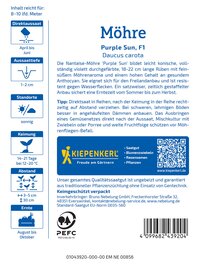 Packungsbeschreibung für eine Sorte Karotte namens Purple Sun, F1, mit Pflanzinformationen und Anweisungen.
