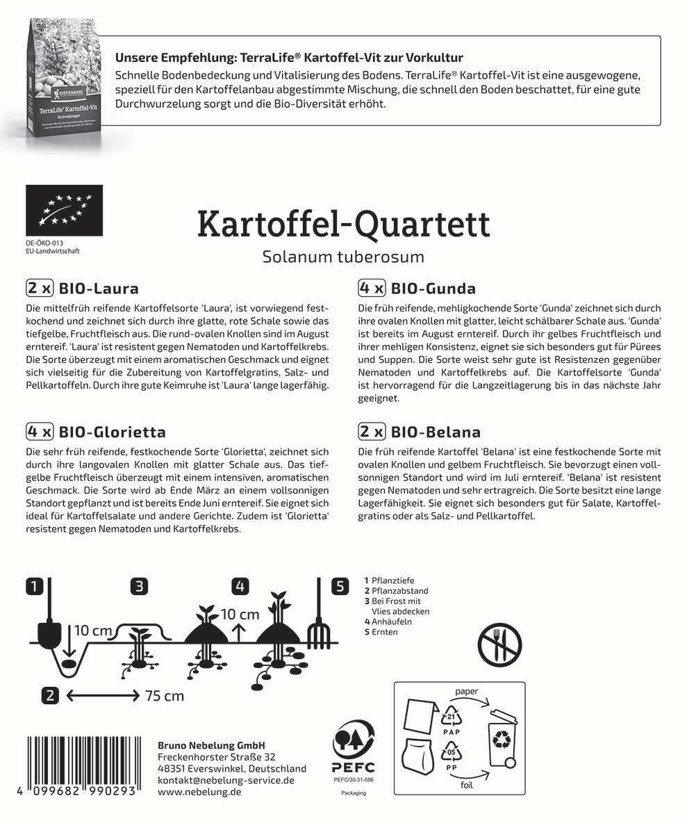 Textausschnitt mit Pflanzen-Tipps, Produktinformationen, Anbauanleitung, Symbolen und Barcode.
