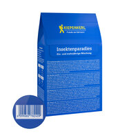 Blau verpackte Samenmischung für Insektenparadies mit Text auf Deutsch, Polnisch, Tschechisch und Barcode.