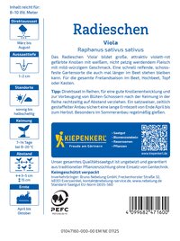 Bodenständiges Etikett mit Text, Symbolen, QR-Code und Barcode für Radieschen Saatgut, Herstellerinformationen und Anbauhinweise.
