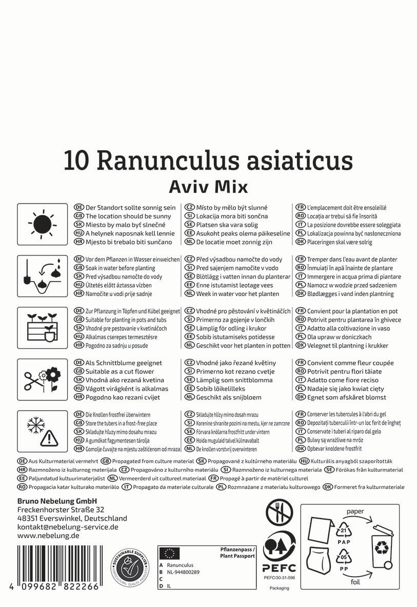 Pflegehinweis für Ranunculus asiaticus mit Pflanzenpass, Icons für Standort, Wasser, Düngung, Schnitt, Überwinterung, Giftigkeit.