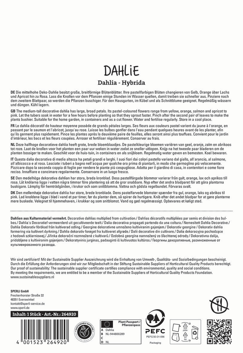 Text auf weißen Hintergrund mit schwarzen Buchstaben, Beschreibung der Dahlien und Herstellungsinformationen.