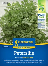 Grüne Petersilienpflanze auf Verpackung mit Kiepenkerl Logo und Produktinformation in Deutsch.