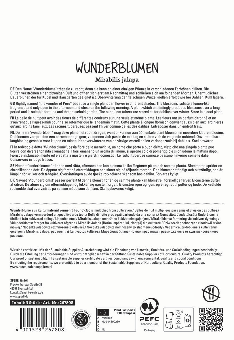 Text auf einer Verpackungsrückseite mit Beschreibungen und Pflegehinweisen zu Mirabilis jalapa.
