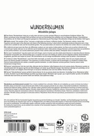 Text auf einer Verpackungsrückseite mit Beschreibungen und Pflegehinweisen zu Mirabilis jalapa.