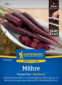 Violette, gewaschene, halbierte und ganze Mohrensaatkörner auf weißer Schale, Text auf blauem Hintergrund.