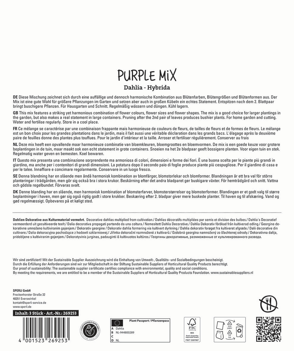 Produktbeschreibung "PURPLE MIX Dahlia Hybrida" mit mehreren Sprachen, Icons, Barcode und Zertifizierungen.