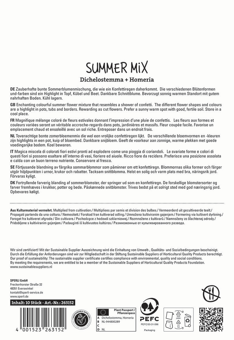 Text mit Sommerblumen, Beschreibungen in mehreren Sprachen, Pflanzenschutzsymbole, Barcode, Produktinformationen.