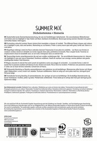 Text mit Sommerblumen, Beschreibungen in mehreren Sprachen, Pflanzenschutzsymbole, Barcode, Produktinformationen.
