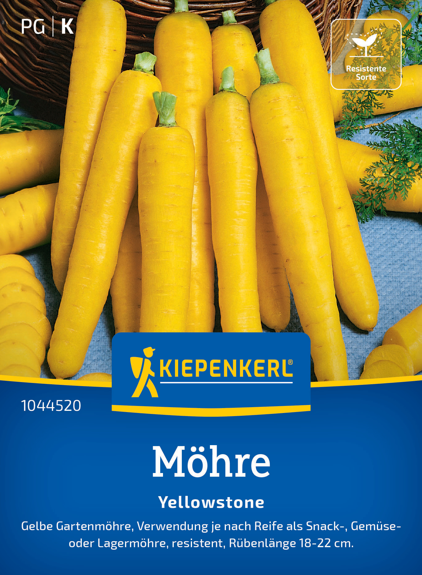 Gelbe, längliche, rote Beete auf grauem Stoff, mit grünen Blättern an den Enden.