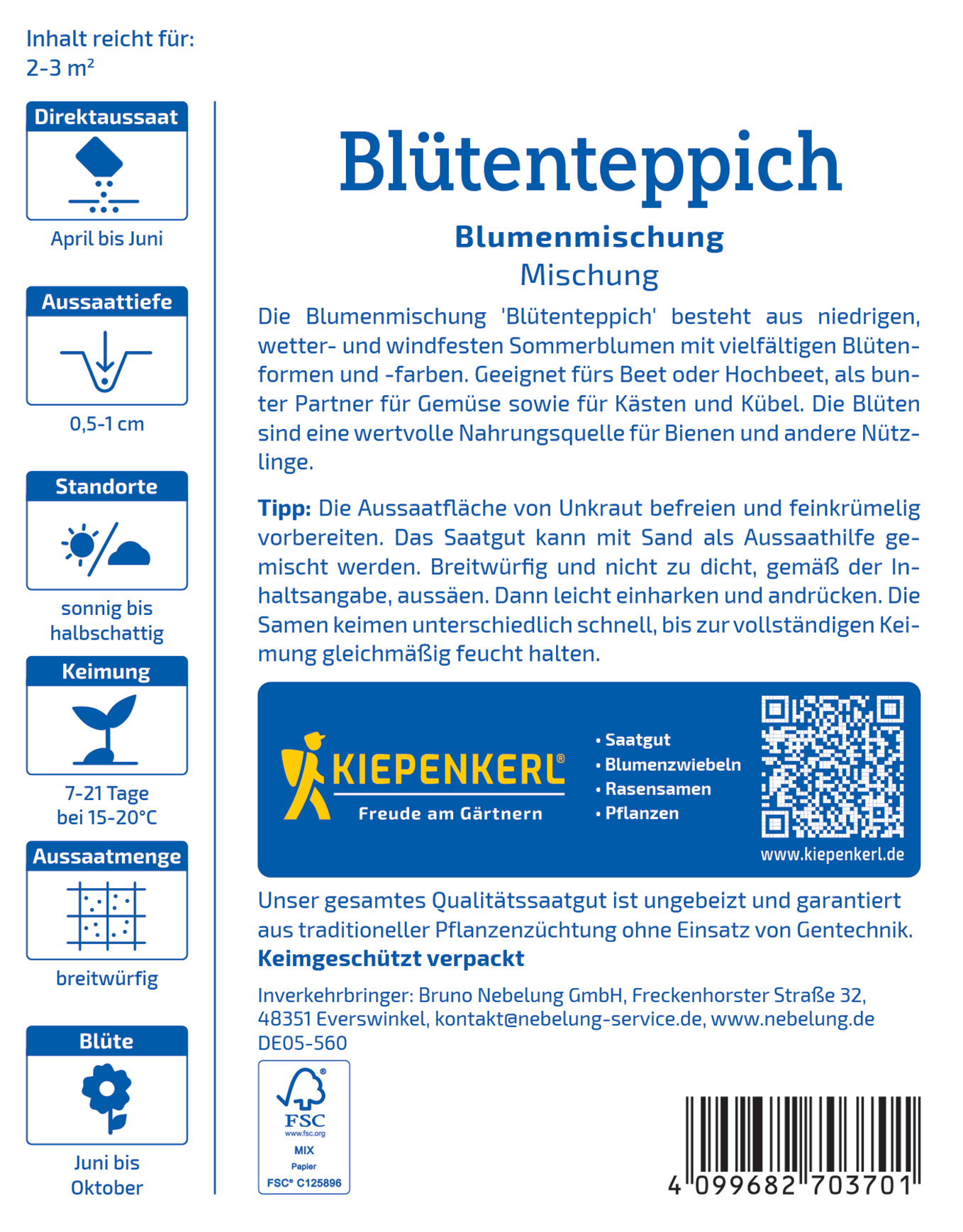 Blumensamen Mischung Blüten Teppich, im Täfelchen, für Beet, Balkon, Kübel, bienenfreundlich, sonnig, bis halb schattig, März bis Oktober.