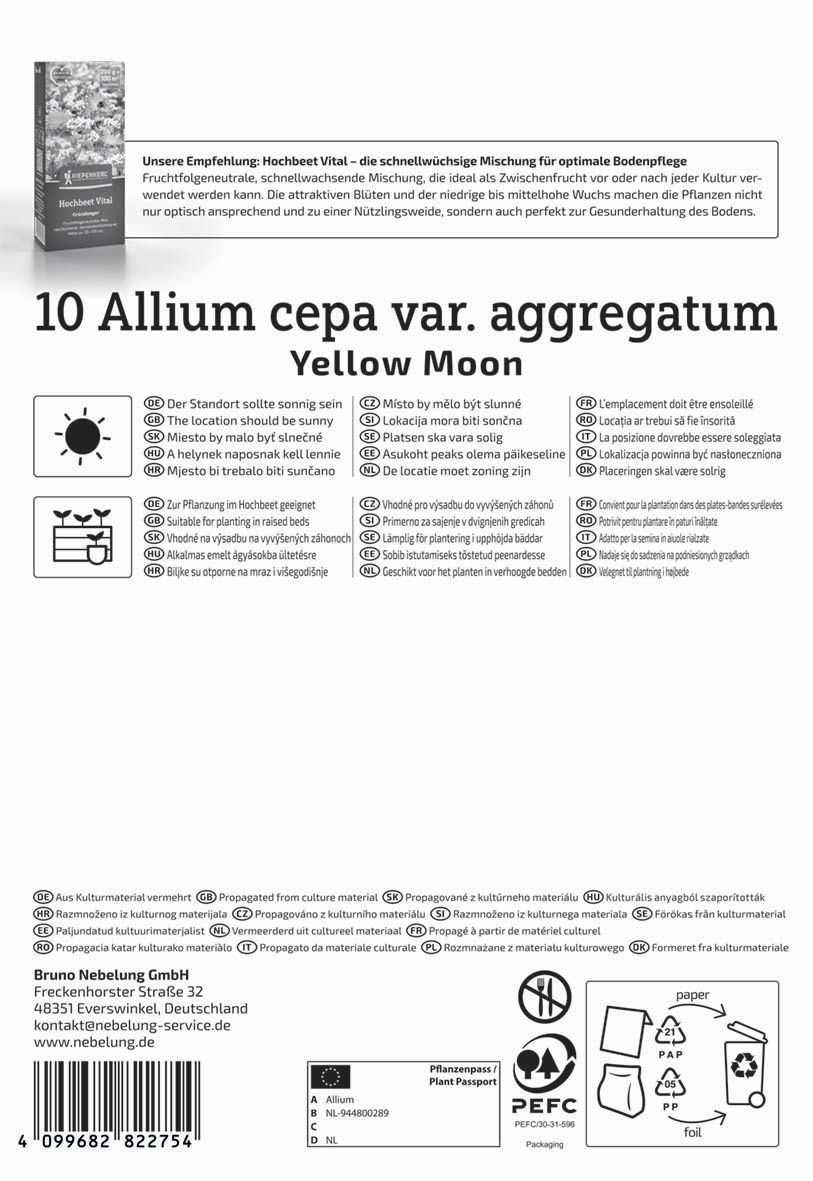 Anleitung und Produktinformationen für Allium cepa var. aggregatum Yellow Moon, mit Pflanzanleitung, Symbolen und Barcode.
