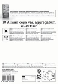 Anleitung und Produktinformationen für Allium cepa var. aggregatum Yellow Moon, mit Pflanzanleitung, Symbolen und Barcode.