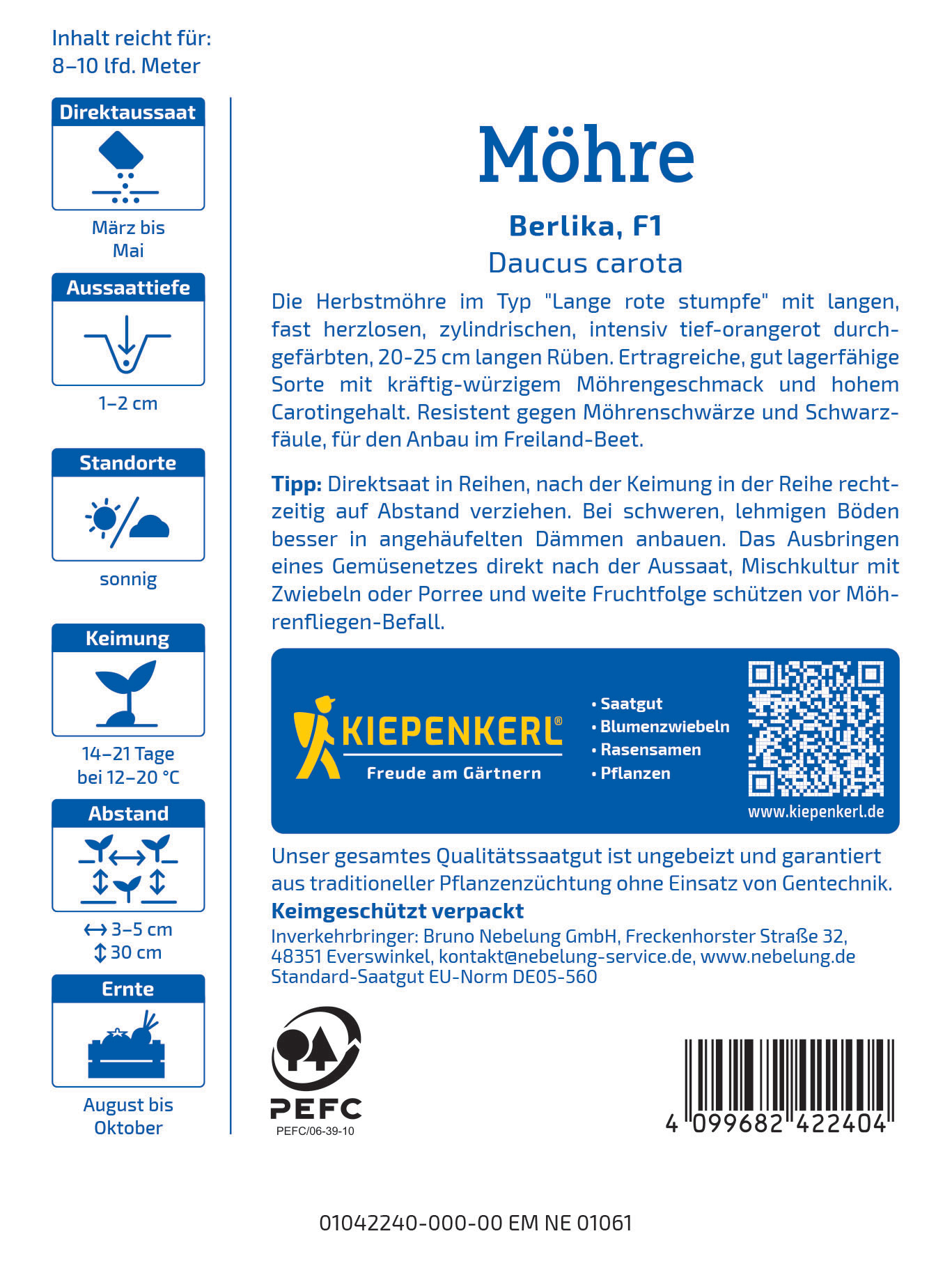 Informationsblatt für Mohrrüben, mit Text und QR-Code, Logos, Icons und Barcode.