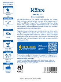 Informationsblatt für Mohrrüben, mit Text und QR-Code, Logos, Icons und Barcode.