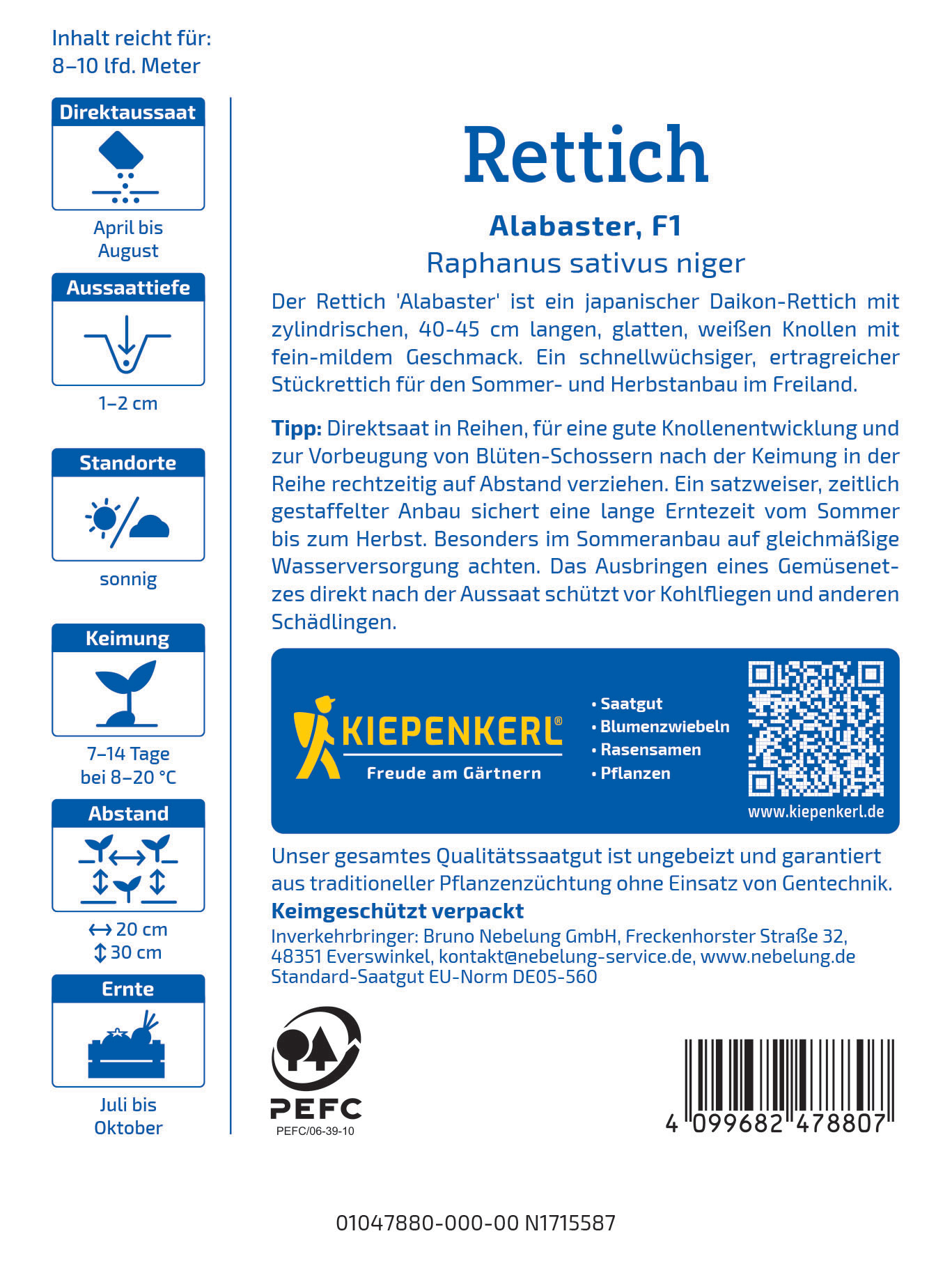 Blatt mit Text und QR-Code, Markierungen für Saatgut, Pflanzenschutz, Abstand, Ernte, Keimung, Sonnenwetter, PEFC Logo.